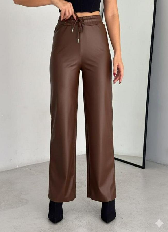 Yüksek Bel Geniş Paça Içi Şardonlu Deri Pantolon.
