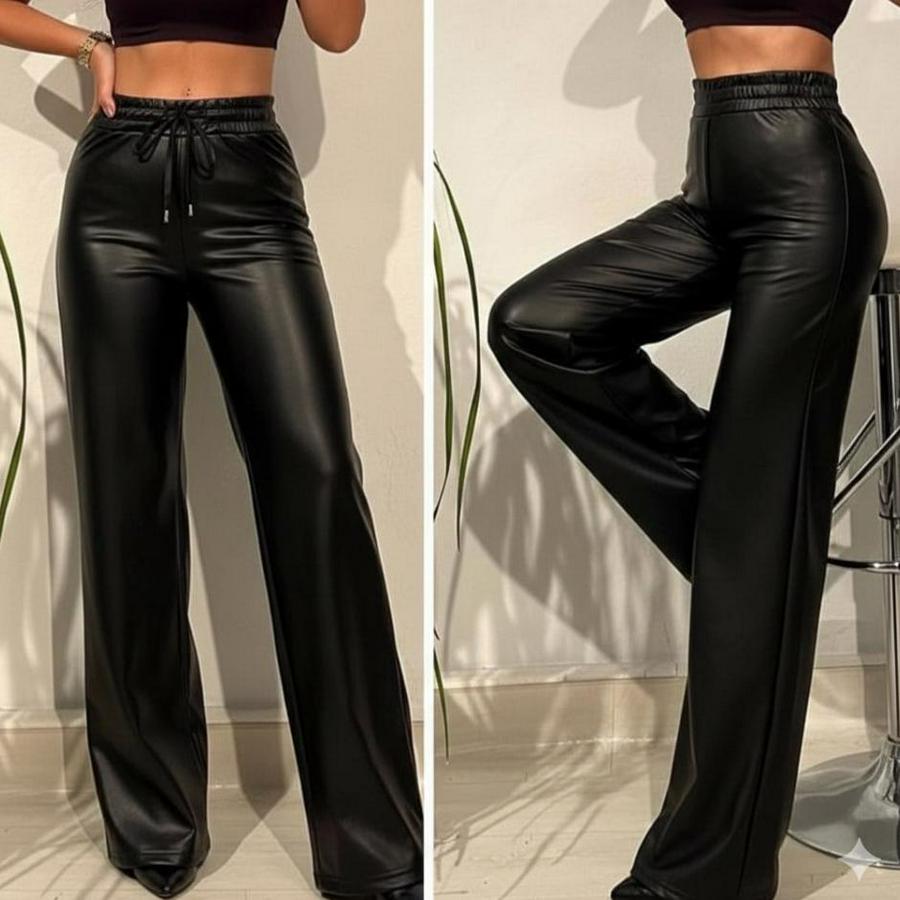 Yüksek Bel Geniş Paça Içi Şardonlu Deri Pantolon.