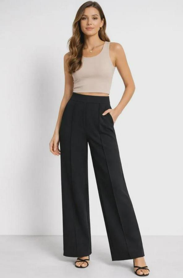 Yüksek Bel Palazzo Pantolon Çima Dikişli Bol Paça Akıcı Kumaş Günlük Ve Ofis Şıklığı