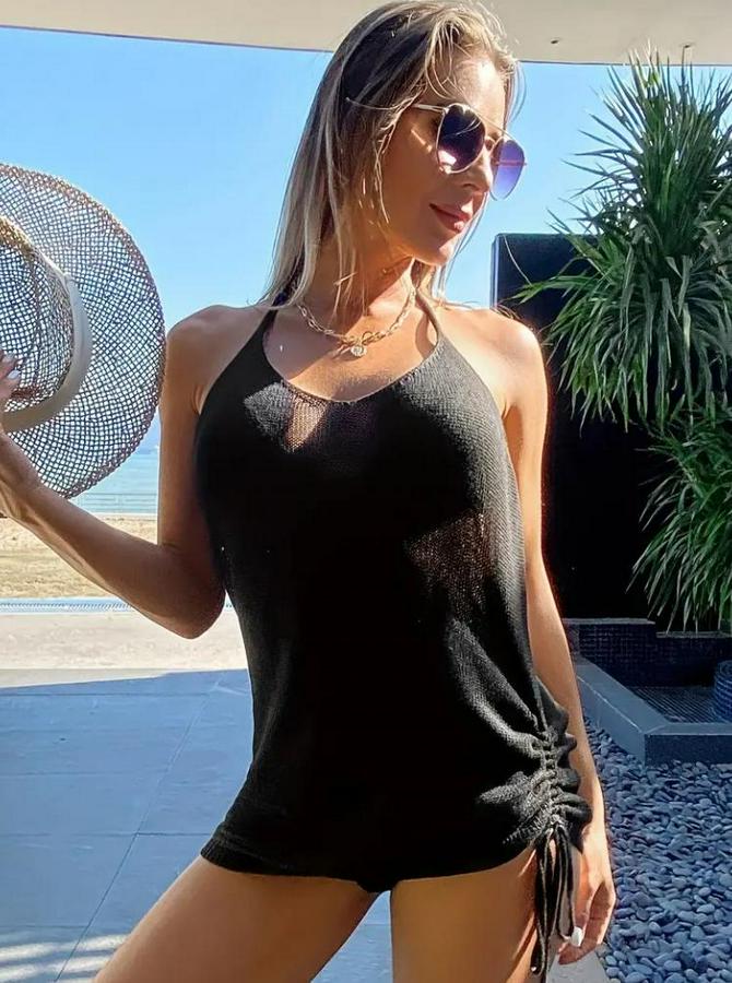 Eteği Büzgü Detay Boyundan Bağlamalı Mini Triko Pareo