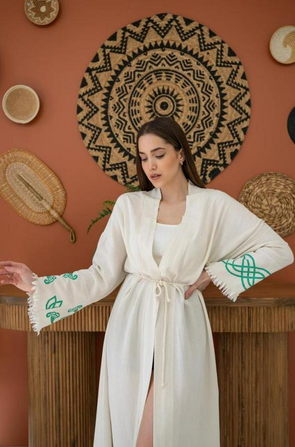 Kahverengi Baskı Detay Keten Sabahlık