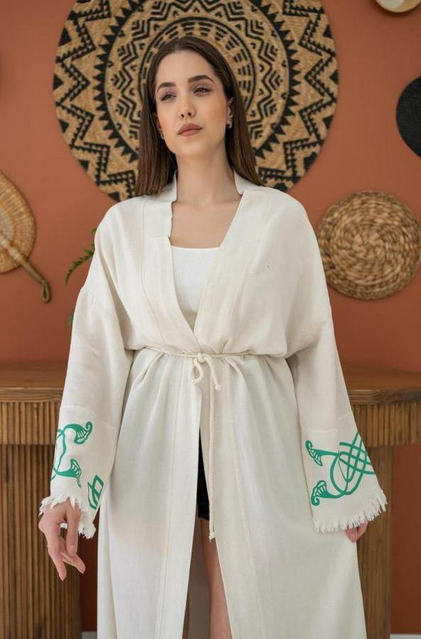 Kahverengi Baskı Detay Keten Sabahlık