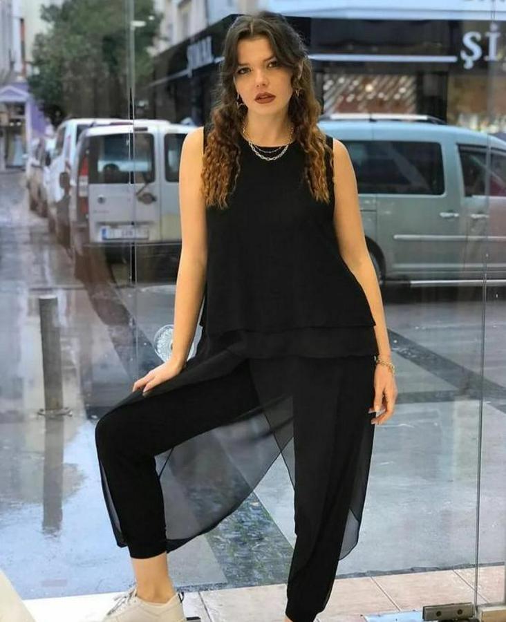 Şifon Detaylı Lastikli Şalvar Pantolon