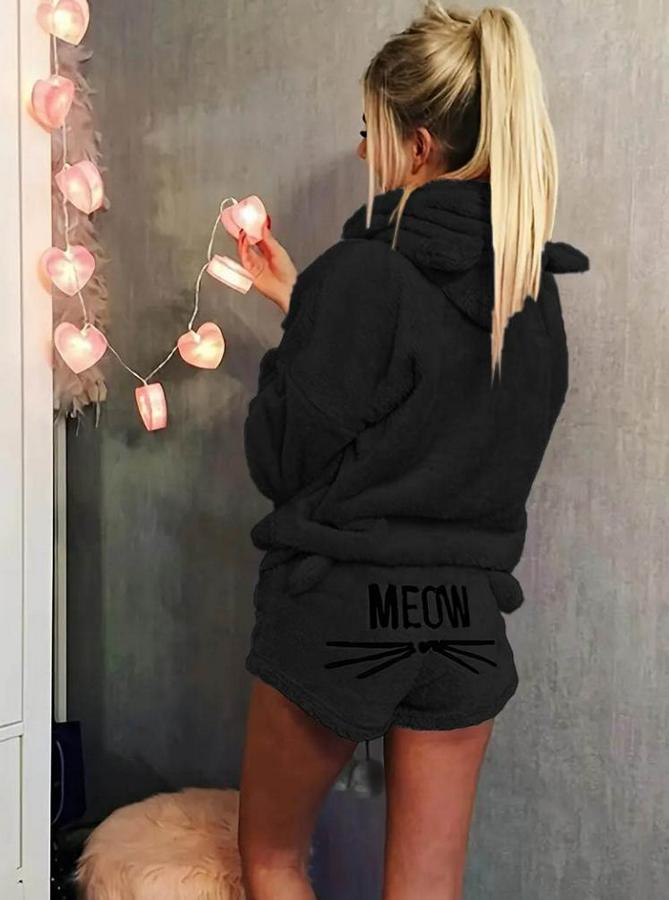 Uzun Kollu Meow Kedi Nakışlı Kapşonlu Peluş Sweat Ve Short Ikili Takım