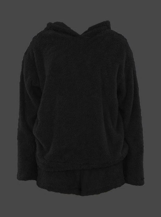 Uzun Kollu Meow Kedi Nakışlı Kapşonlu Peluş Sweat Ve Short Ikili Takım