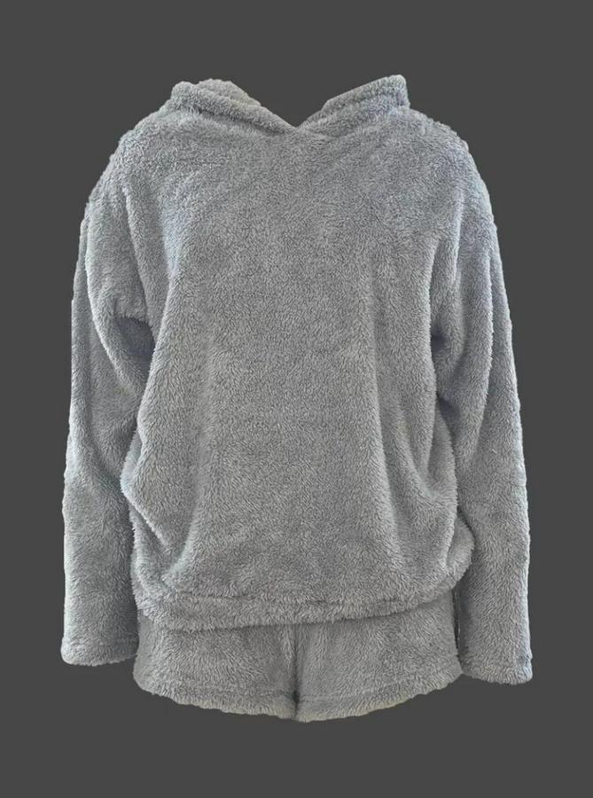 Uzun Kollu Meow Kedi Nakışlı Kapşonlu Peluş Sweat Ve Short Ikili Takım
