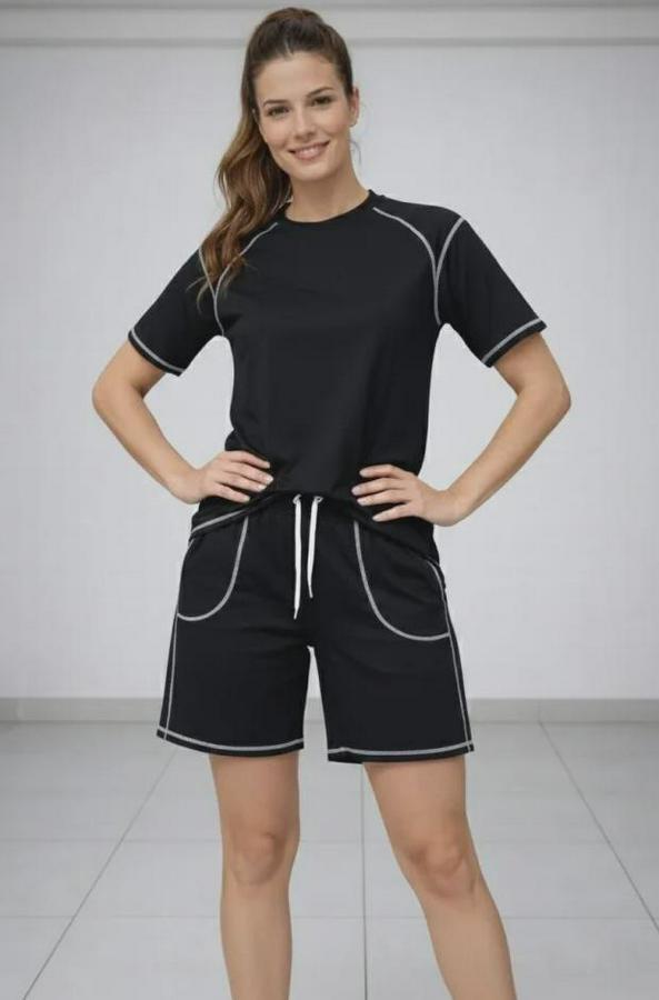 Spor Tişört Şort Takım Kontrast Dikiş Detaylı Ovarsize Rahat Kalıp