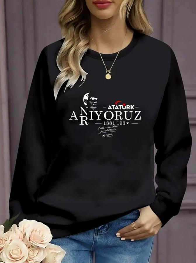 Uzun Kollu 10 Kasım Atatürkü Anma Gününe Özel Viskon Iki Iplik Kumaş Sweat