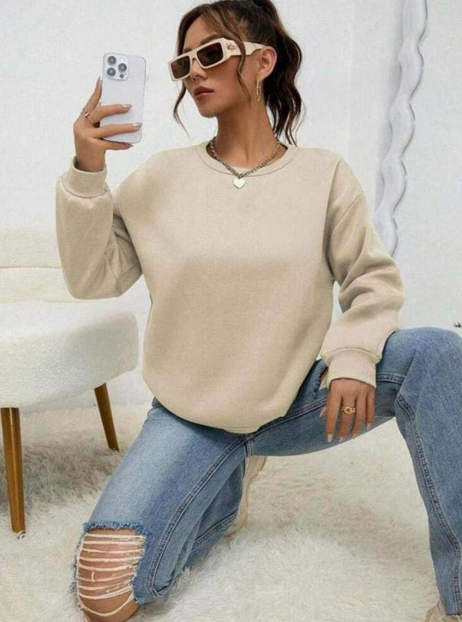 Uzun Kollu Bisiklet Yaka Şardonlu Üç Iplik Kumaş Sweat