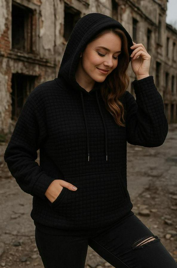 Uzun Kollu Kapşonlu Bağcıklı Cepli Capitone Sweatshirt