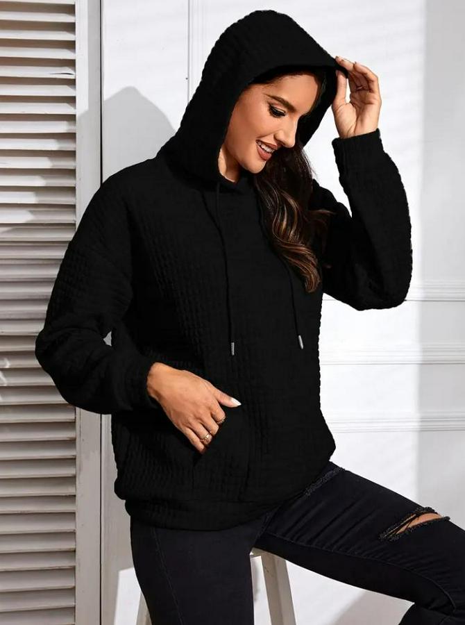 Uzun Kollu Kapşonlu Bağcıklı Cepli Capitone Sweatshirt