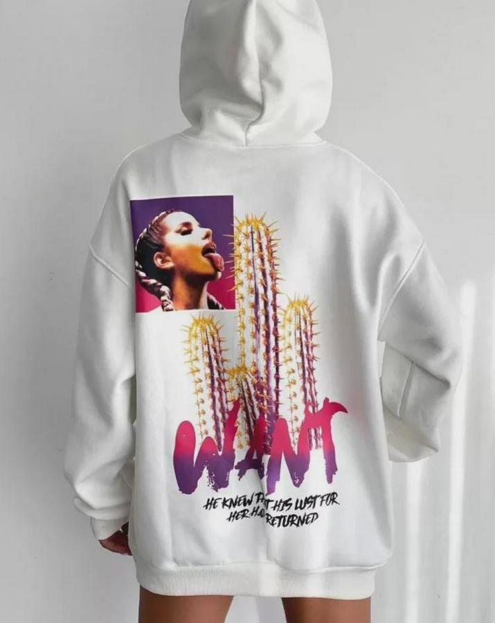 Baskılı Üç Iplik Kapüşonlu Oversize Sweatshirt