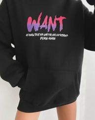 Baskılı Üç Iplik Kapüşonlu Oversize Sweatshirt