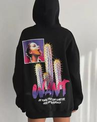 Baskılı Üç Iplik Kapüşonlu Oversize Sweatshirt