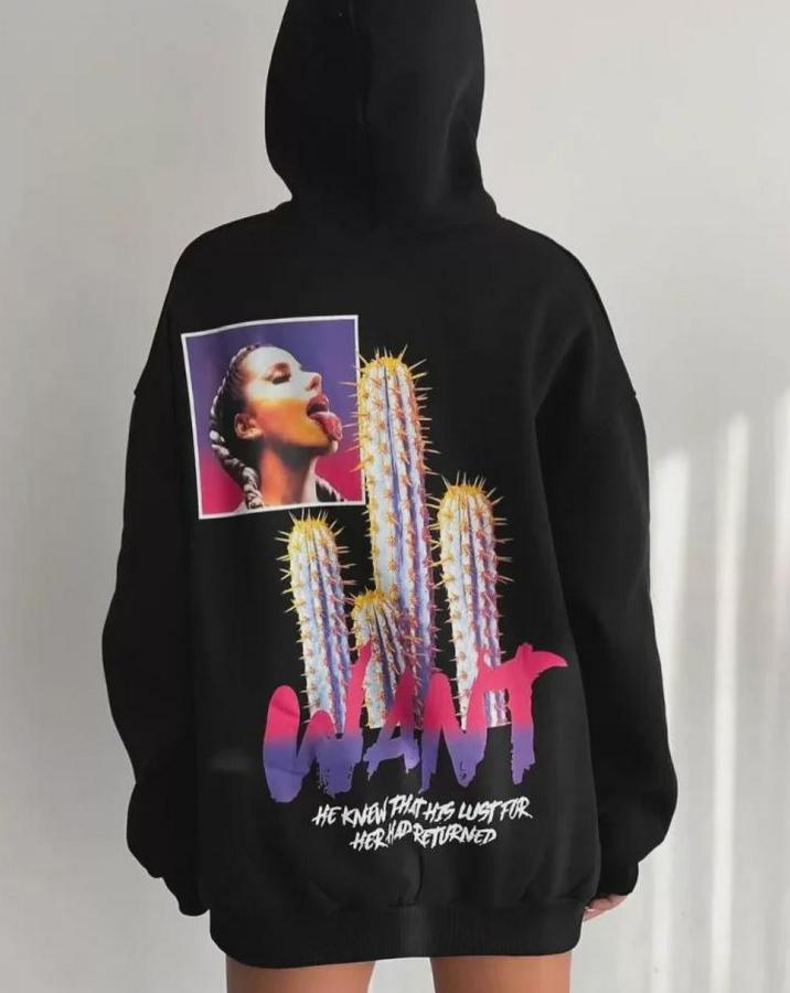 Baskılı Üç Iplik Kapüşonlu Oversize Sweatshirt