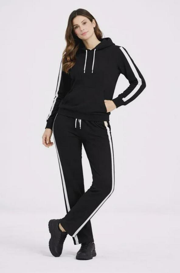 Kadin Yandan Şeritli Eşofman Takım Kapüşonlu Sweatshirt Boru Paça Alt, Oversize 3 Iplik Pamuklu