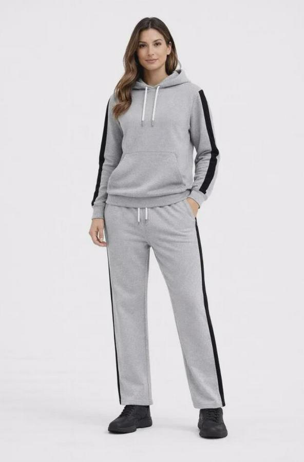 Kadin Yandan Şeritli Eşofman Takım Kapüşonlu Sweatshirt Boru Paça Alt, Oversize 3 Iplik Pamuklu