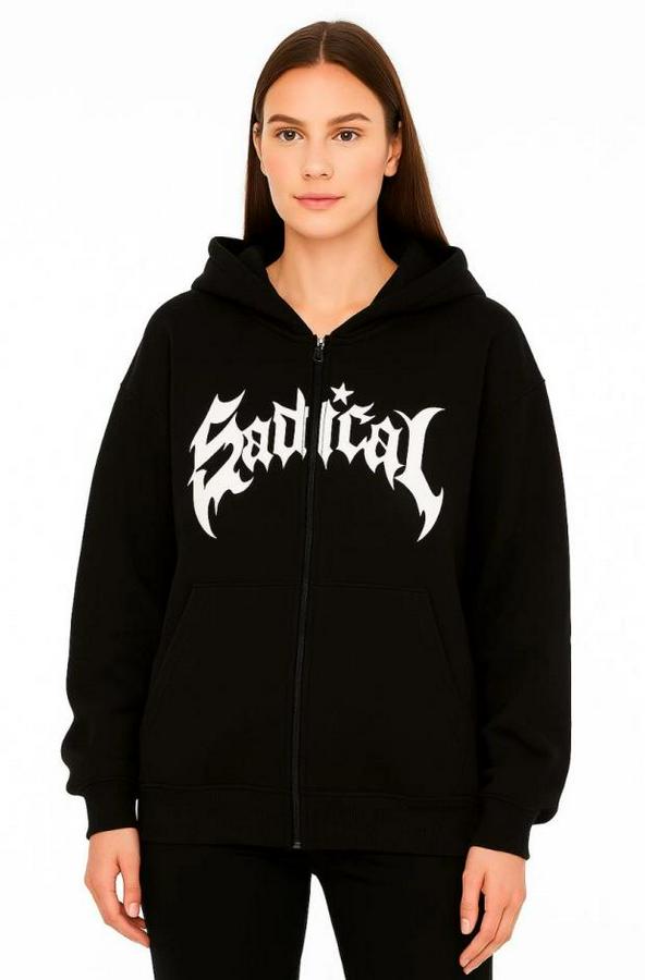 Oversize Kapüşonlu Sweatshirt  Hoodie 3 Iplik Şardonlu Pamuklu Kumaş, Önü Baskılı, Fermuarlı Rahat Kalıp, Kışlık Ve Sokak Stili Sweat