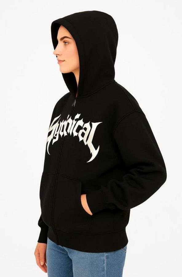 Oversize Kapüşonlu Sweatshirt  Hoodie 3 Iplik Şardonlu Pamuklu Kumaş, Önü Baskılı, Fermuarlı Rahat Kalıp, Kışlık Ve Sokak Stili Sweat