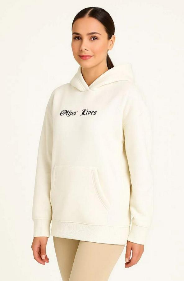 Oversize Üç Iplik Şardonlu Kapüşonlu Sweatshirt – Beyaz “other Lives” Ön Ve Arka Baskılı, Kanguru Cepli, Ribanalı Rahat Kışlık Model Beyaz