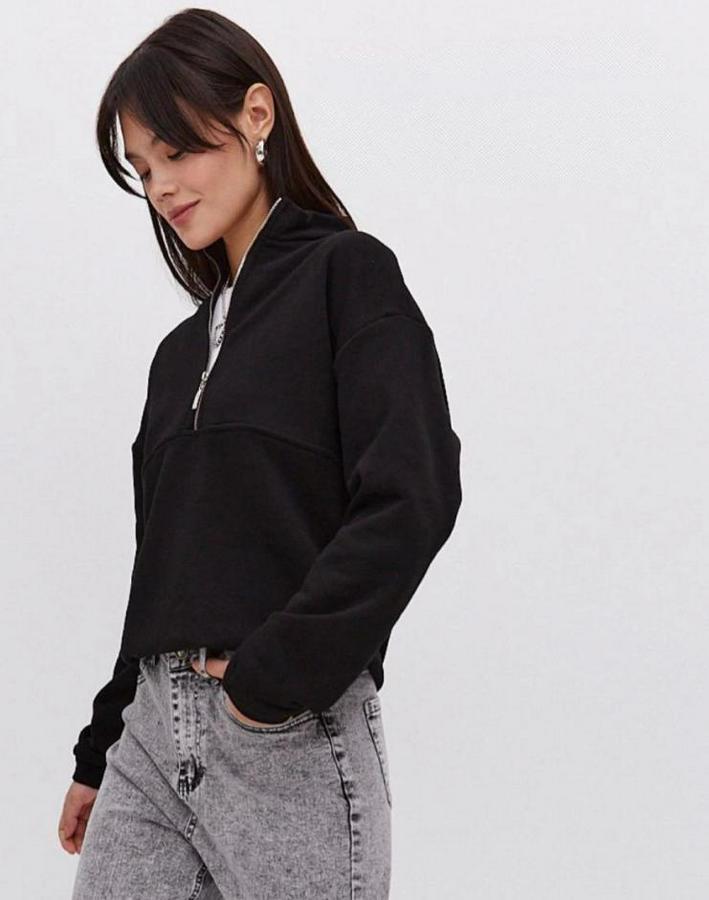 Oversize Yarım Farmuarlı Yakalı Basic Sweatshirt