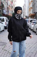 Samuray Kapşonlu Zip Fermuarlı Çift Kapşonlu Nakışlı Sweatshirt- Siyah