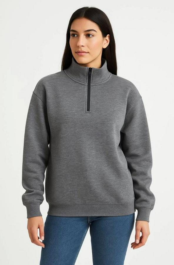 Üç Iplik Dık Yaka Yarım Fermuarlı Sweatshirt