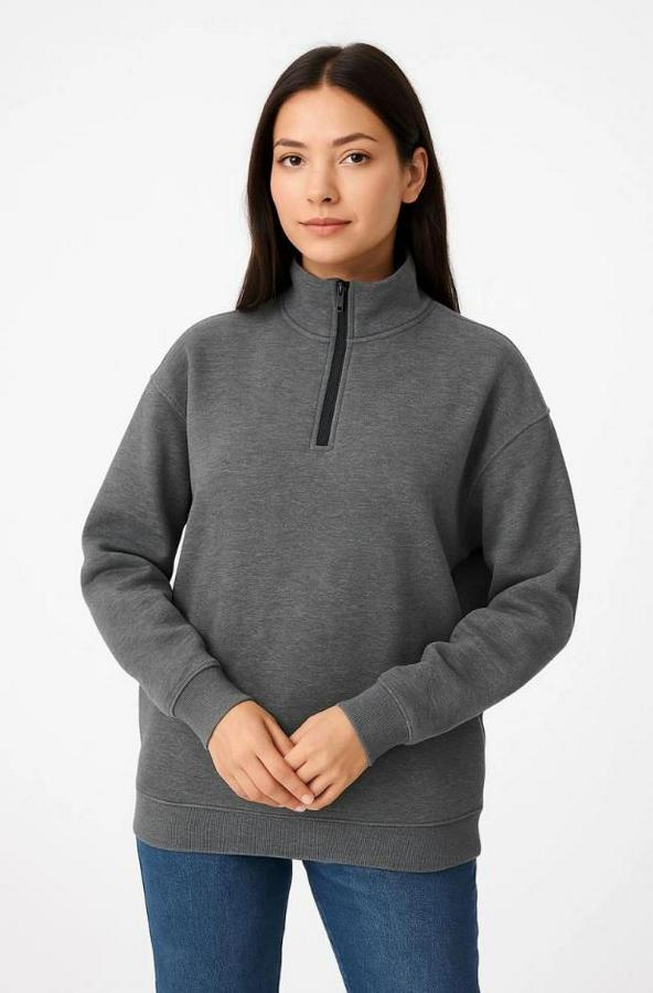 Üç Iplik Dık Yaka Yarım Fermuarlı Sweatshirt