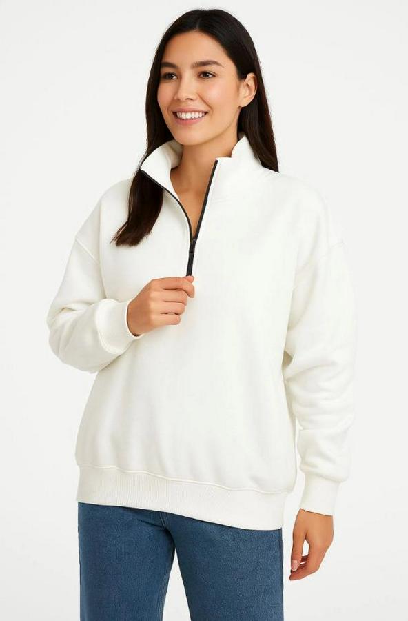Üç Iplik Dık Yaka Yarım Fermuarlı Sweatshirt