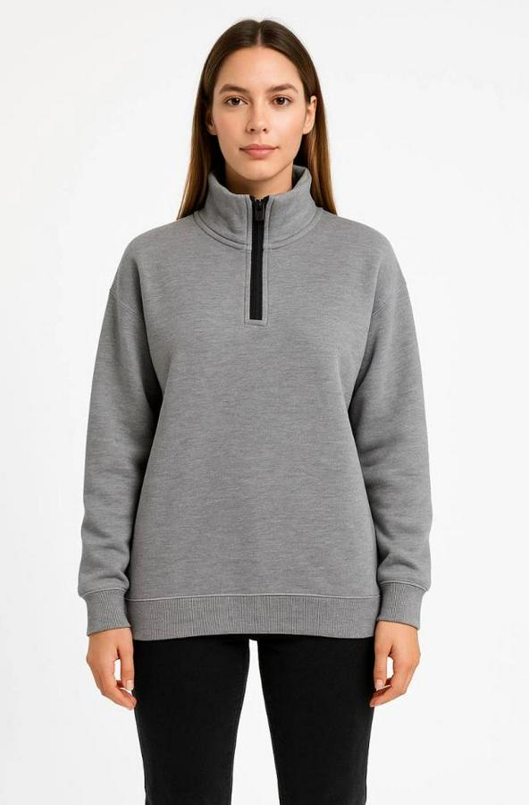 Üç Iplik Dık Yaka Yarım Fermuarlı Sweatshirt