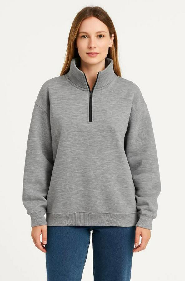 Üç Iplik Dık Yaka Yarım Fermuarlı Sweatshirt