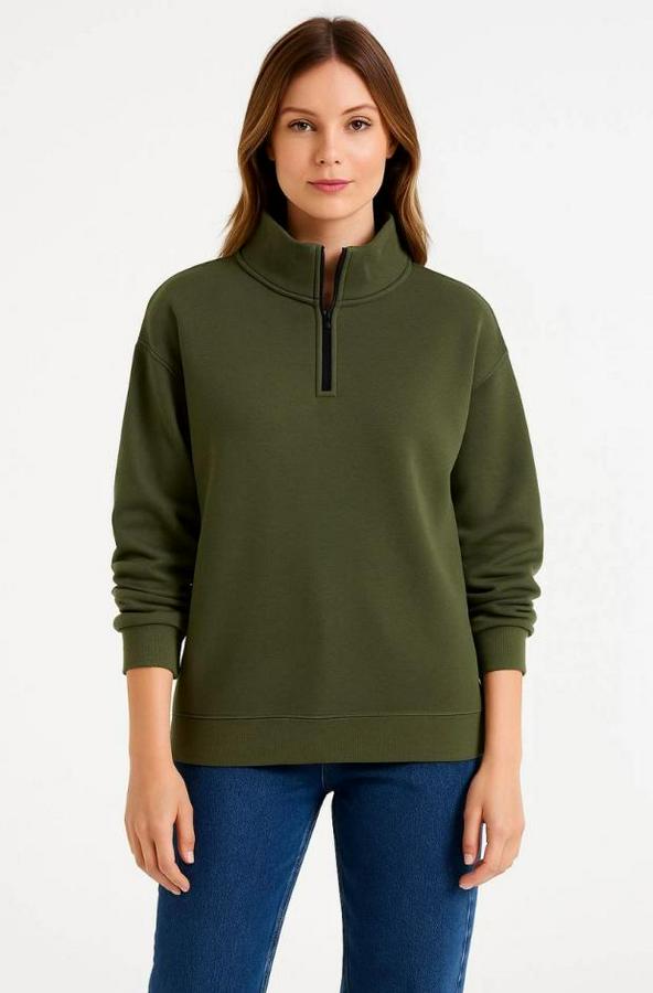 Üç Iplik Dık Yaka Yarım Fermuarlı Sweatshirt