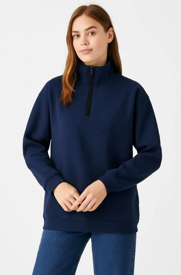Üç Iplik Dık Yaka Yarım Fermuarlı Sweatshirt