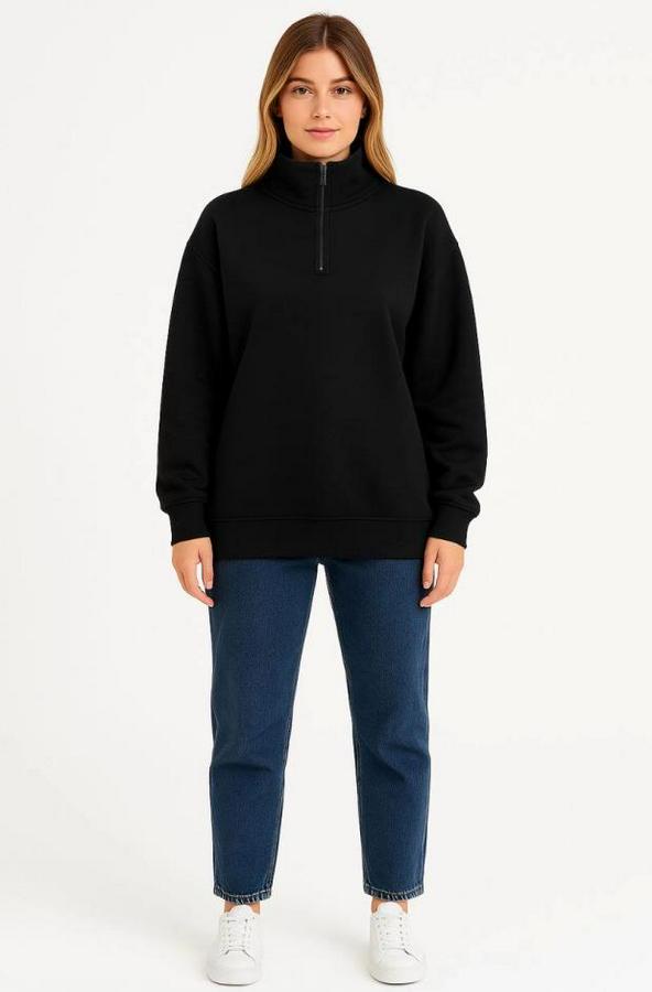 Üç Iplik Dık Yaka Yarım Fermuarlı Sweatshirt