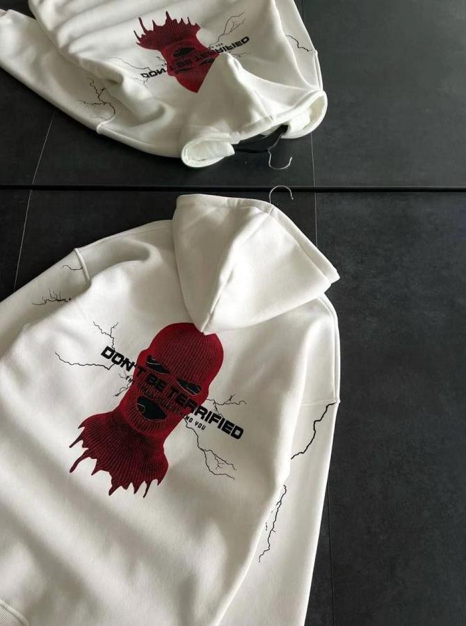 Üç Iplik Kapşonlu Baskılı Oversize Sweatshirt- Beyaz