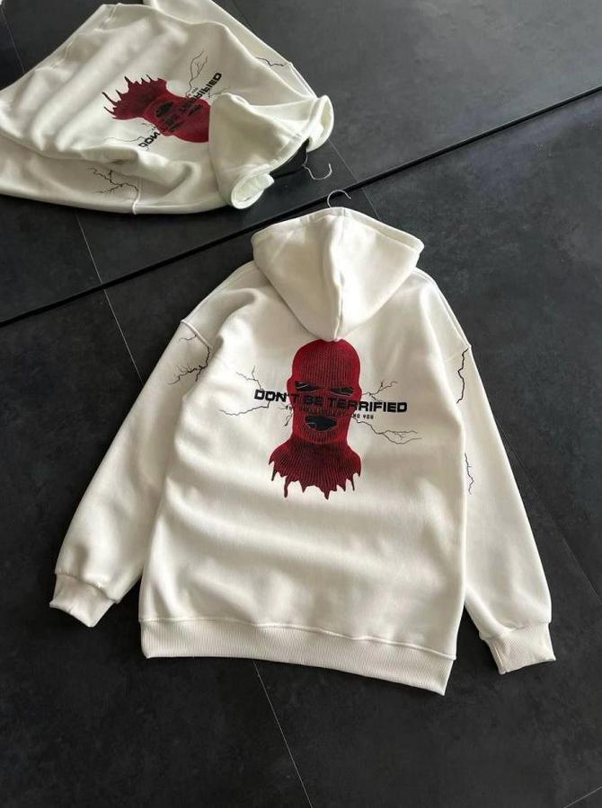 Üç Iplik Kapşonlu Baskılı Oversize Sweatshirt- Beyaz