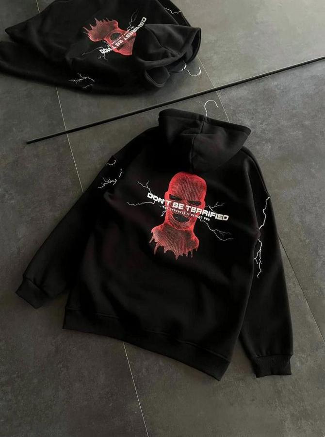 Üç Iplik Kapşonlu Baskılı Oversize Sweatshirt- Siyah