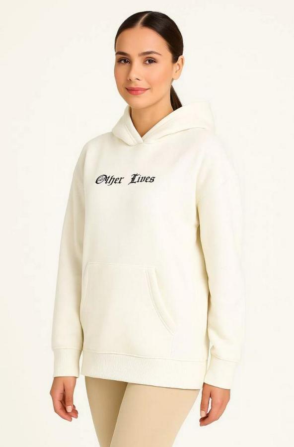 Üç Iplik Kapşonlu Ön Ve Arka Baskılı Sweatshirt Hoodie- Beyaz