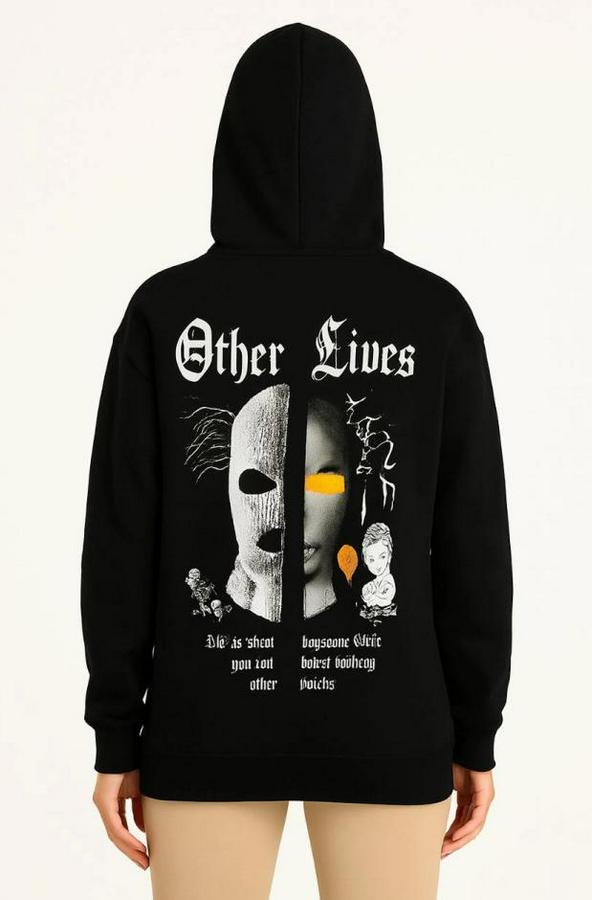 Üç Iplik Kapşonlu Ön Ve Arka Baskılı Sweatshirt Hoodie- Siyah