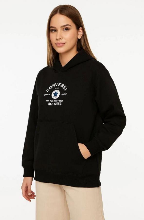 Üç Iplik Kapşonlu Ön Ve Arka Baskılı Sweatshirt Hoodie- Siyah
