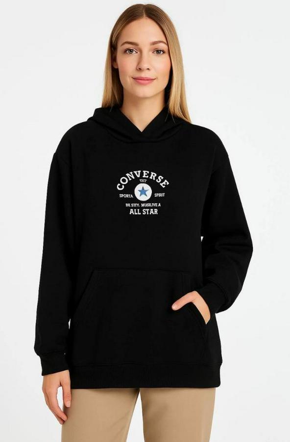 Üç Iplik Kapşonlu Ön Ve Arka Baskılı Sweatshirt Hoodie- Siyah
