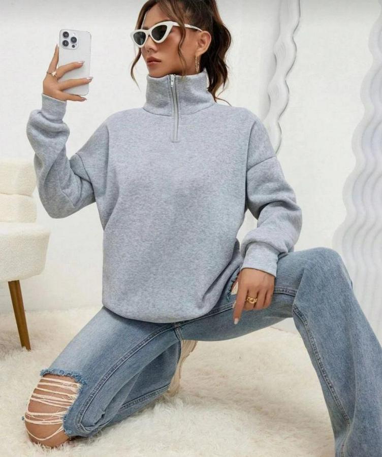 Unisex Uzun Kol Yarım Farmuarlı Yakalı Basic Sweatshirt