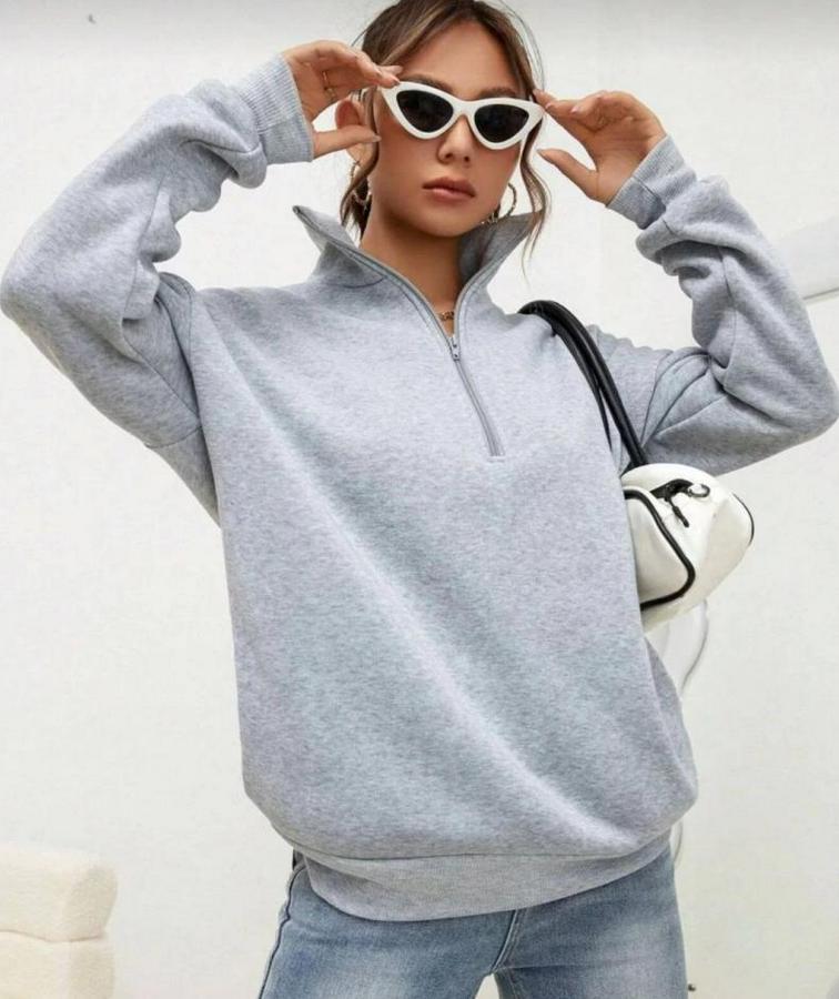 Unisex Uzun Kol Yarım Farmuarlı Yakalı Basic Sweatshirt
