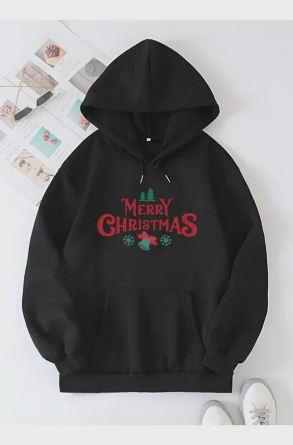 Yılbaşı Merry Christmas Baskılı Oversize Kapüşonlu Sweatshirt Hoodie