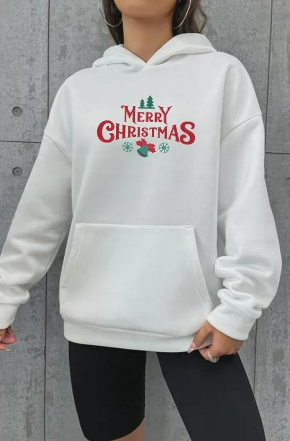 Yılbaşı Merry Christmas Baskılı Oversize Kapüşonlu Sweatshirt Hoodie