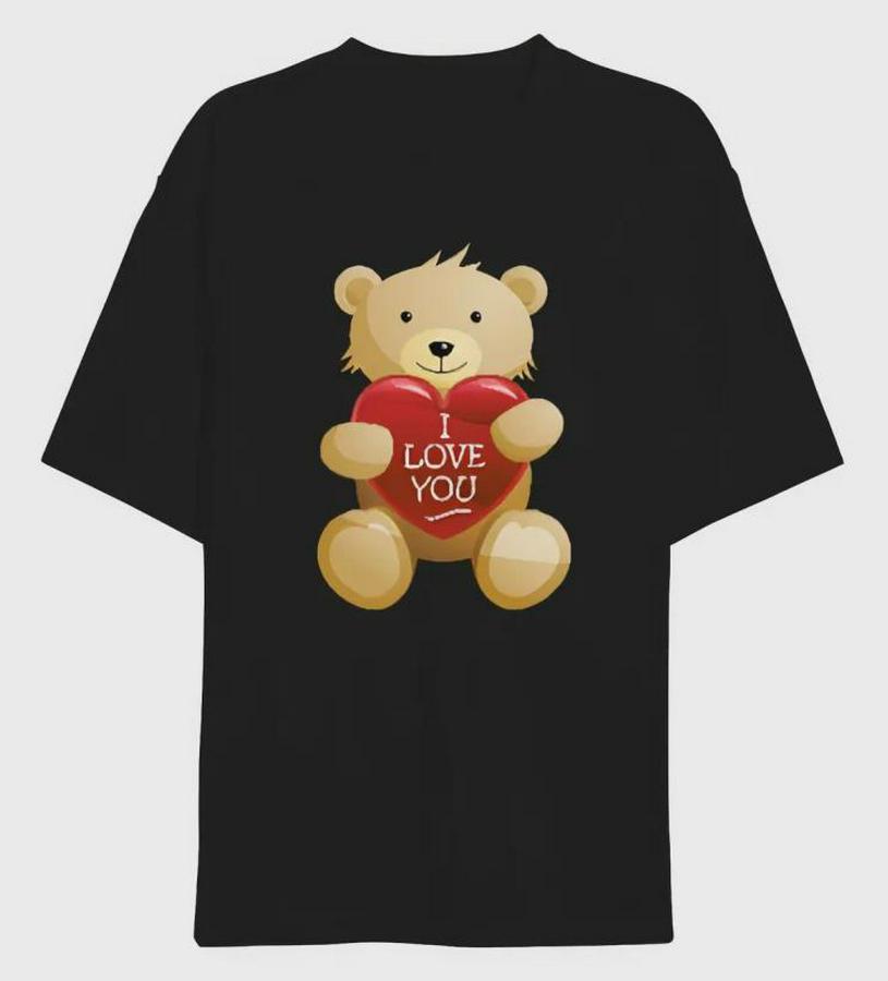 Şubat Sevgililer Günü I Love You Ayı Baskılı Oversize Bisiklet Yaka T-Shirt