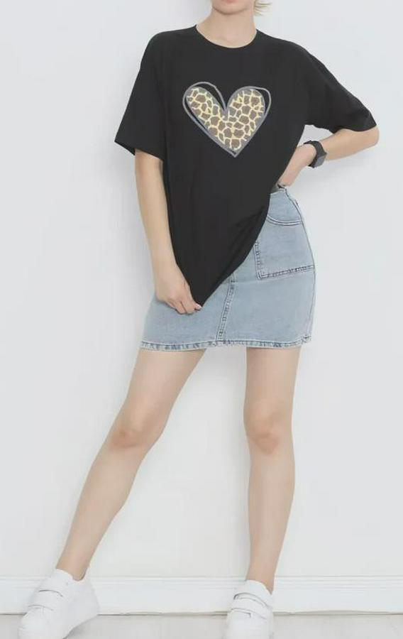 Şubat Sevgililer Günü Leopar Kalp Baskılı Oversize Bisiklet Yaka T-Shirt