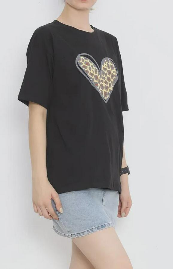 Şubat Sevgililer Günü Leopar Kalp Baskılı Oversize Bisiklet Yaka T-Shirt