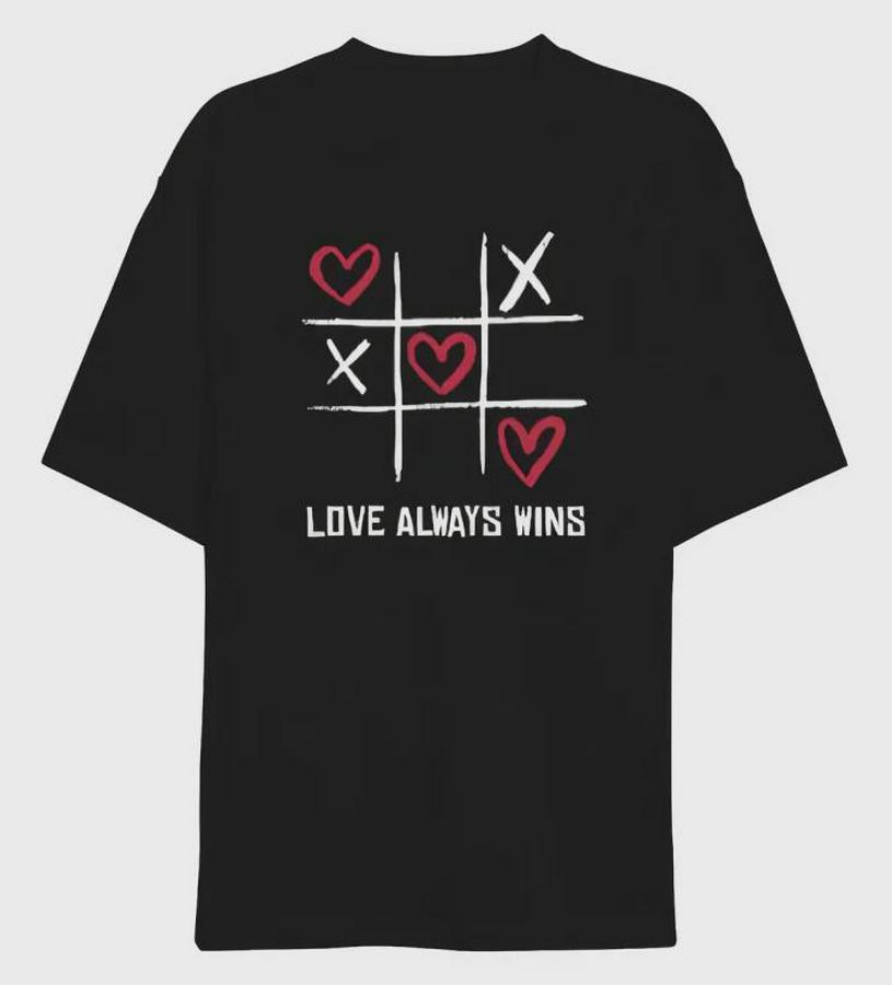 Şubat Sevgililer Günü Love Always Wins Baskılı Oversize Bisiklet Yaka T-Shirt