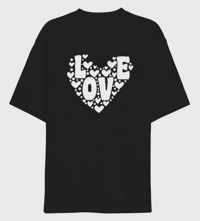 Şubat Sevgililer Günü Love Kalp Baskılı Oversize Bisiklet Yaka T-Shirt